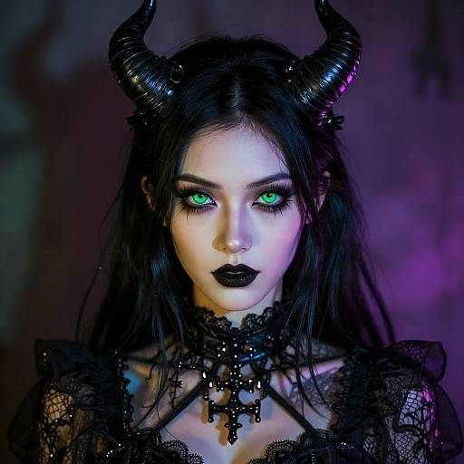 Digital portrait of a pale, green-eyed woman with black lipstick, black lace dress, and dark, curved horns against a purple-blue background.