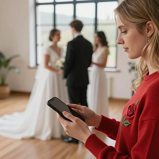 Blonde Woman in Red Sweater at Wedding