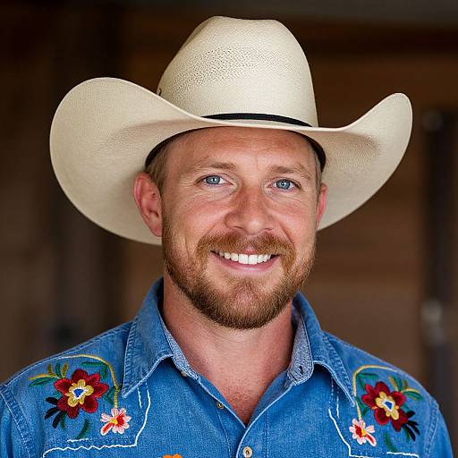 Photograph of a smiling, bearded man with blue eyes, wearing a white cowboy hat and blue denim shirt with colorful floral embroidery.
