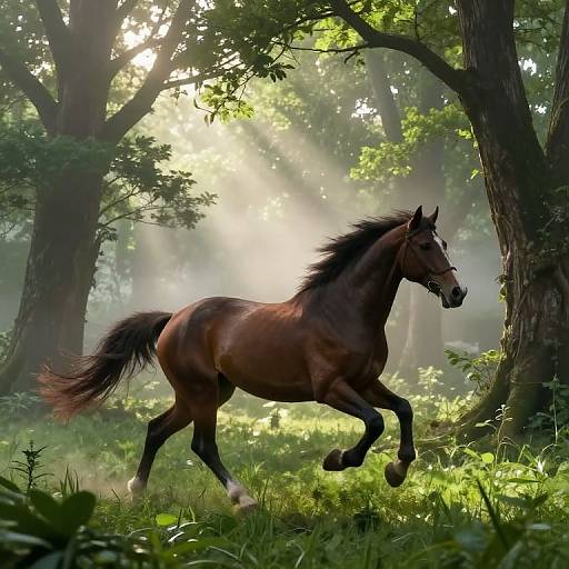 Photograph of a sleek, dark brown horse with a black mane and tail, galloping through a sunlit, misty forest, surrounded by