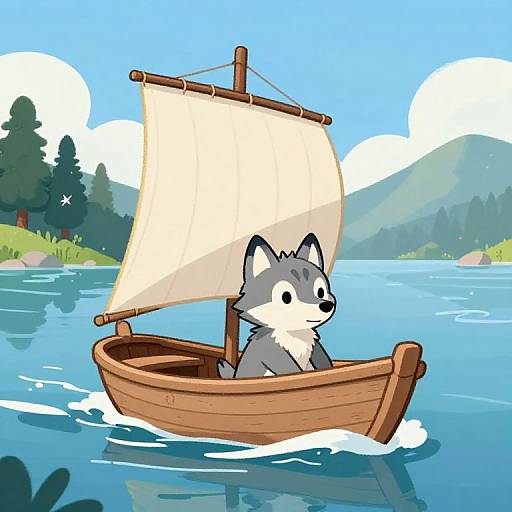 Cartoon-style drawing of a gray and white wolf sitting in a wooden boat with a white sail on a calm blue lake, surrounded by green hills and