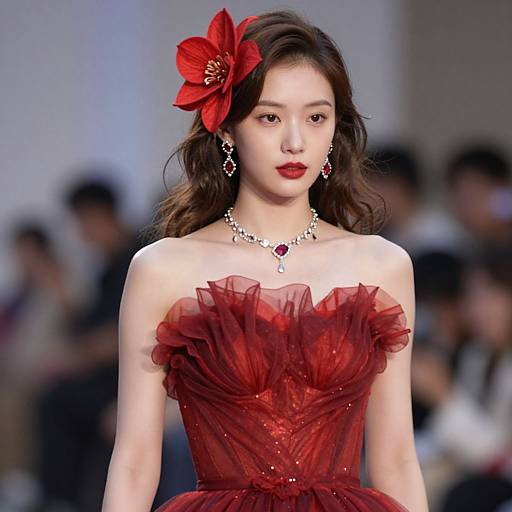 Photograph of an Asian woman with wavy brown hair, wearing a strapless, red, ruffled gown, red flower in hair, red earrings