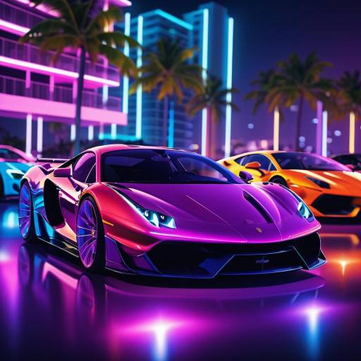 Vibrant Miami Night Scene with Luxury Cars