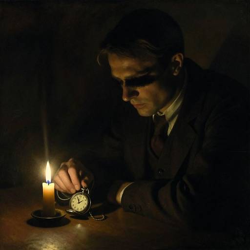 Dark photograph of a pensive man in a suit, holding an old pocket watch, illuminated by a single candle's warm light.