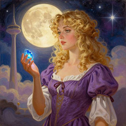 Digital painting of a blonde woman with curly hair, in a purple medieval dress, holding a glowing blue crystal under a full moon. Sky with stars and