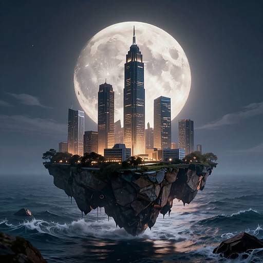 Digital artwork: Floating city with skyscrapers beneath a glowing full moon, surrounded by dark, choppy ocean waves, creating a surreal nighttime scene.