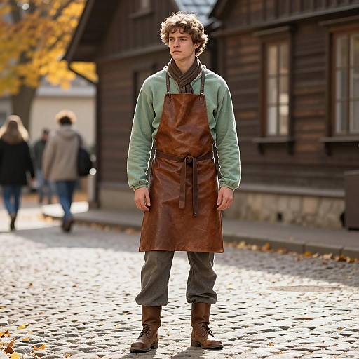 Young Man in Historical Fall Costume on Cobblestone Street
