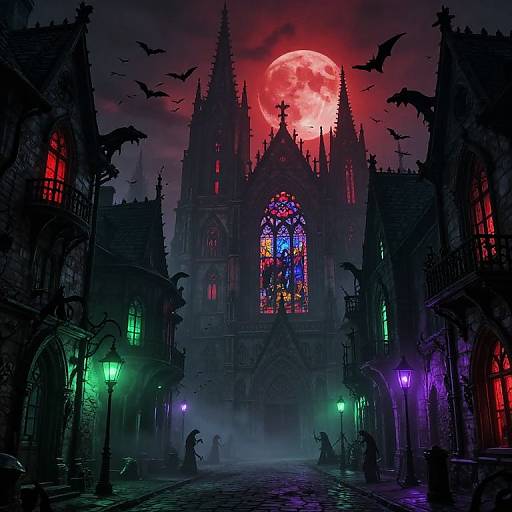 Gothic cathedral at night, illuminated by a red full moon, colorful stained glass, bats flying, eerie street lamps, foggy cobblestone