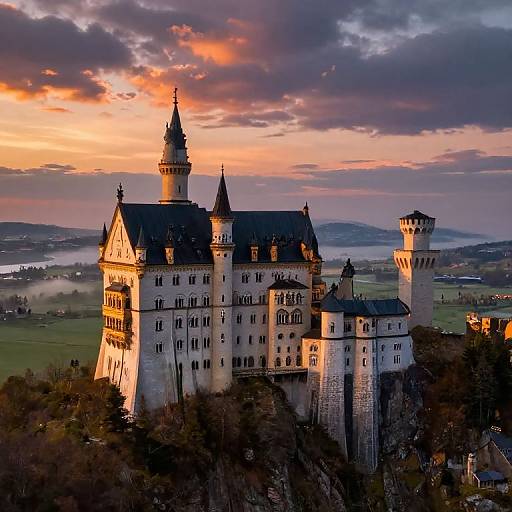 Photograph of Neuschwanstein Castle at sunset, bathed in golden light, with dramatic clouds and rolling hills in the background.