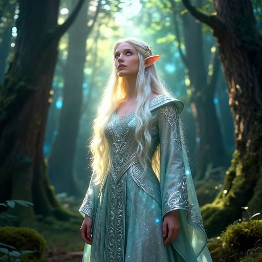 Photorealistic CGI of a pale-skinned, blonde elf woman with pointed ears, wearing an ornate silver gown, standing in a mystical, sun