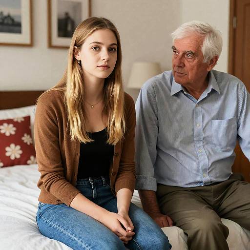 Young Woman and Older Man Sitting on Bed