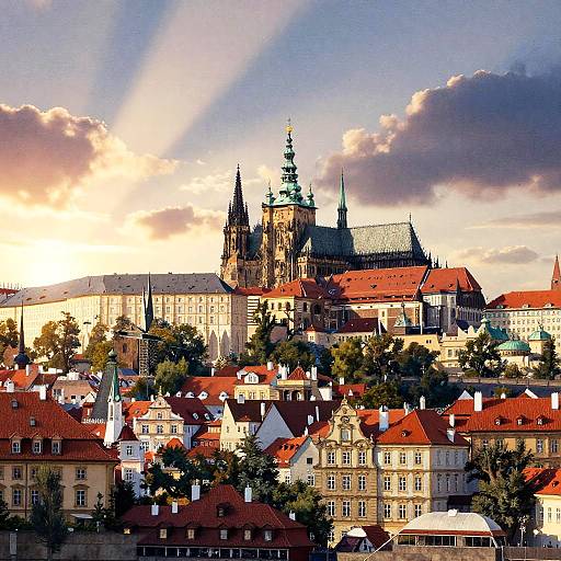 Prague Skyline Watercolor Sunset