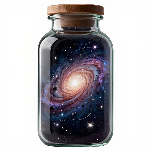 Photograph of a clear glass jar with a wooden lid, containing a vivid, glowing spiral galaxy set against a dark, starry background.