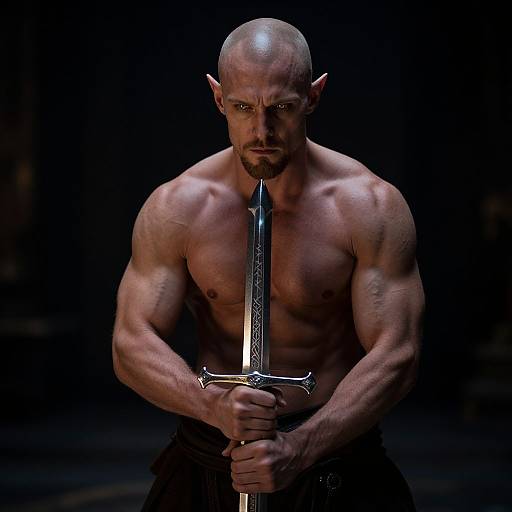 Photograph of a muscular, bald, shirtless, elf-like warrior with pointed ears, holding a sword, set against a dark, shadowy background