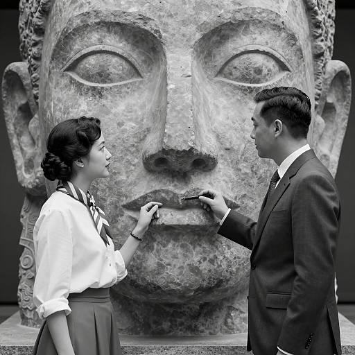 Elegant Encounter by a Stone Sculpture