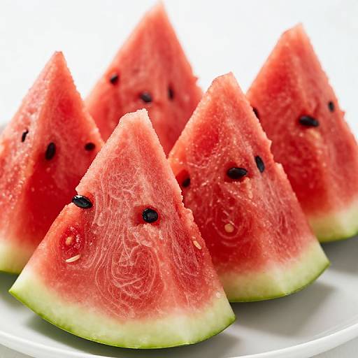 Photograph of six triangular watermelon slices with bright red flesh, black seeds, and green edges on a white plate.