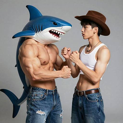 Muscular Shark-Boy Hugging Scene