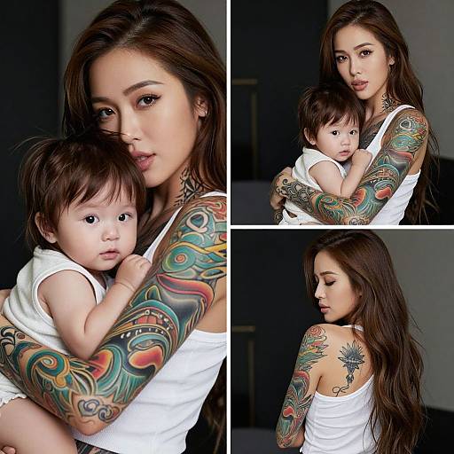 Photograph of tattooed Asian woman with long brown hair, holding baby in white shirt. Visible colorful tattoos on arms and back, dark background. Close