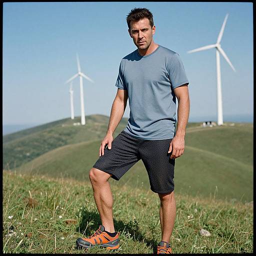 Photograph of a muscular man in a blue shirt and black shorts standing on a grassy hill, with two white wind turbines in the clear blue sky