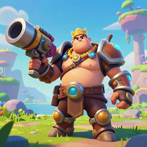 CGI cartoon of a muscular, chubby, topless warrior with a golden crown, holding a large, futuristic gun, standing in a vibrant, fantasy