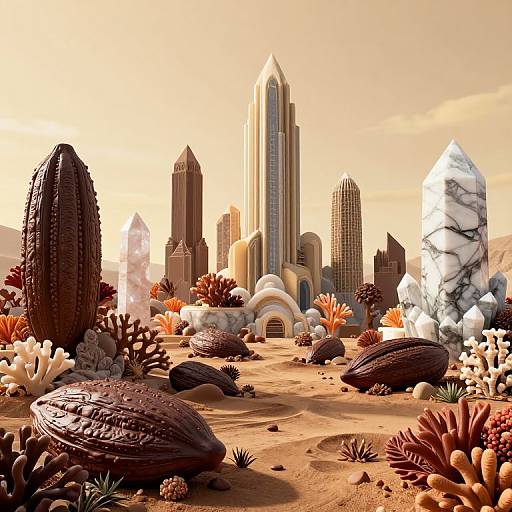 Digital artwork of a futuristic desert cityscape with towering skyscrapers, alien-like cacti, and rocky formations under a golden sunset sky.