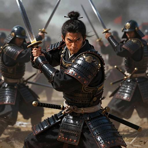 Digital art of fierce samurai warriors in black, shiny armor with swords raised, fighting on a dusty battlefield with smoke.