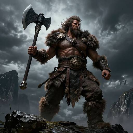 Photorealistic CGI of a muscular, bearded Viking warrior with fur armor, holding a double-headed axe, standing on a rocky cliff under a storm