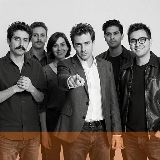 Black and White Group Portrait with Pointing Man