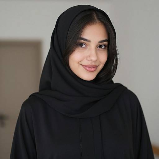 Photograph of a young woman with fair skin, dark brown eyes, and black headscarf, smiling softly, wearing a black hijab and top