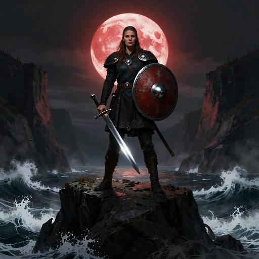 Viking Shieldmaiden Under Crimson Moon