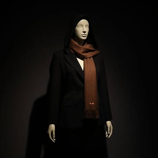 Photograph of a faceless, white mannequin in a black coat and brown scarf, illuminated against a dark background.