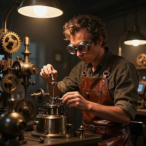 Photograph of a curly-haired man with round glasses, wearing a brown leather apron, carefully working on vintage machinery in a dimly lit, industrial
