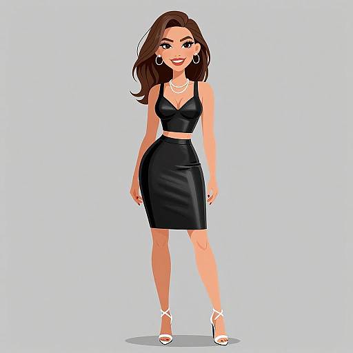Digital illustration of a smiling, brown-haired woman in a black crop top and high-waisted skirt, white heels, and earrings, standing against a