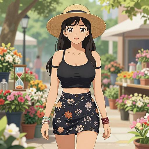 Anime-style drawing of a cute, black-haired woman in a black crop top and floral skirt, wearing a straw hat, standing in a sunny, flower