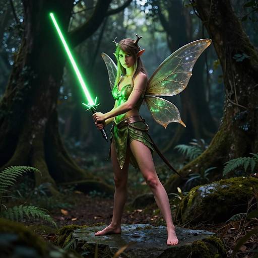Digital fantasy artwork of a fairy warrior with glowing green lightsaber, translucent wings, green glowing attire, and horned head, standing in a dark,