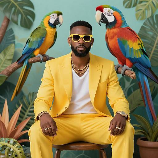 Vibrant Man in Yellow Suit Surrounded by Tropics