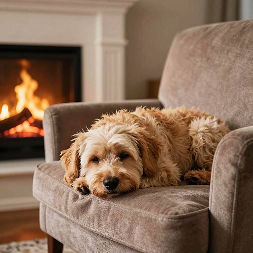 Photograph of a fluffy, light-brown puppy lounging on a gray upholstered armchair in front of a warmly lit fireplace.
