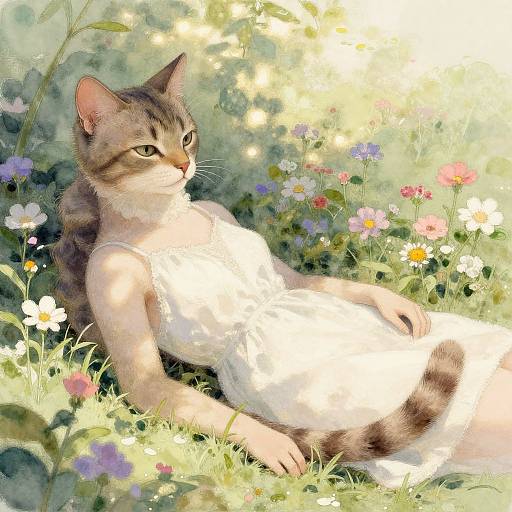 Digital painting of a relaxed, brown tabby cat with green eyes, wearing a white dress, lounging in a sunlit, colorful flower meadow