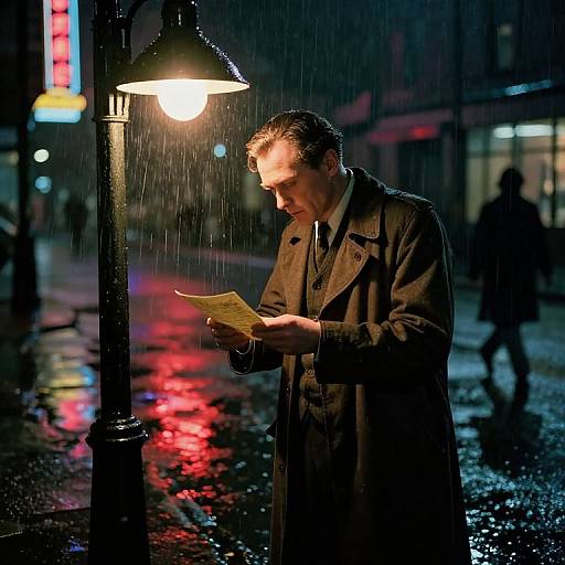 Photograph of a man in a dark coat reading a letter under a streetlamp, rain falling, neon lights reflecting on wet pavement, nighttime urban street