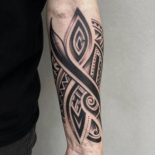 Photograph of a person's forearm with a detailed black tribal tattoo featuring geometric patterns and an eye design, set against a plain light gray background.