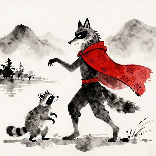 Digital illustration of a tall, anthropomorphic wolf in a red cloak with floral patterns, standing beside a small raccoon, both facing each other against a