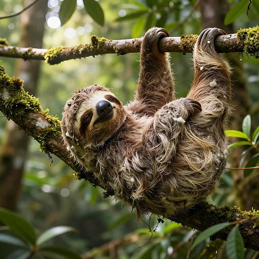 Photograph of a sloth with shaggy, brown and beige fur, hanging upside down from a moss-covered branch in a lush, sunlit