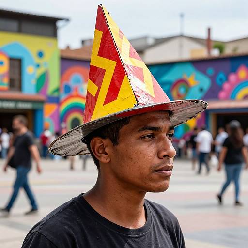 Photograph of a young man with medium brown skin wearing a colorful, cone-shaped party hat with red and yellow stripes, standing in a vibrant, graffiti