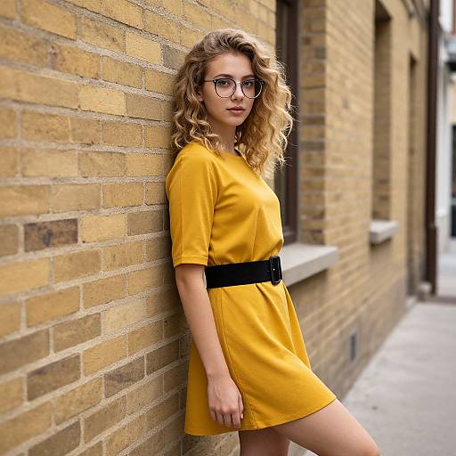 Stylish Woman by Yellow Brick Wall