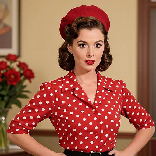 Photograph of a vintage-style woman with red polka-dot blouse, red beret, and red lipstick, standing confidently in a room with red flowers