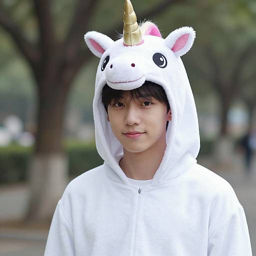 Photograph of an Asian teenage boy wearing a white unicorn hood with a golden horn, standing outdoors with blurred trees in the background. He has a neutral