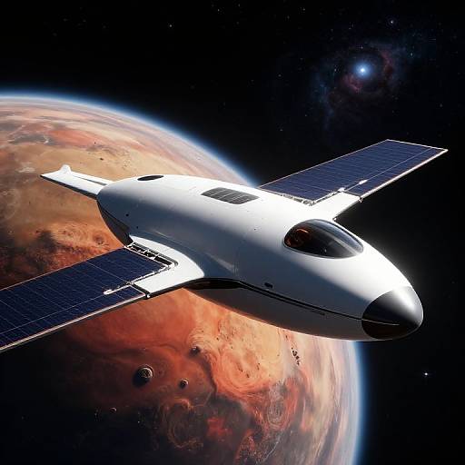 Digital illustration of a sleek, white spacecraft with solar panels, flying over a vibrant, orange and red planet in a starry space background.