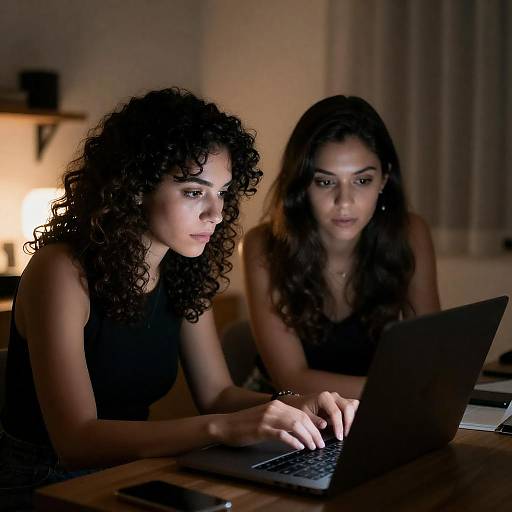 Two Women Focused on Laptop in Dim Light
