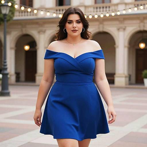 Photograph of a curvy woman with fair skin, dark wavy hair, wearing an off-shoulder royal blue dress, standing in a sun