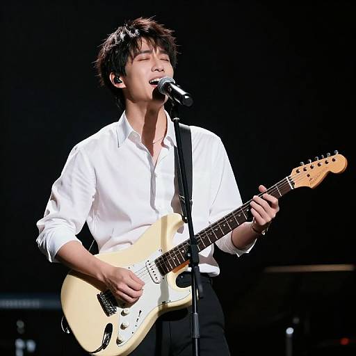 Photograph of an Asian male singer-guitarist with messy black hair, wearing a white shirt, passionately singing into a microphone while playing a cream-colored